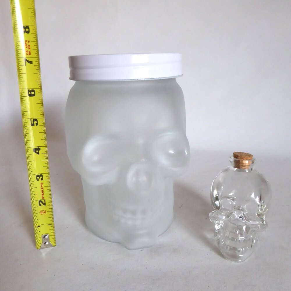 NEW 7” & 3.5” FROSTED & CLEAR GLASS SKULL JAR LOT OF 2 HALLOWEEN GOTHIC